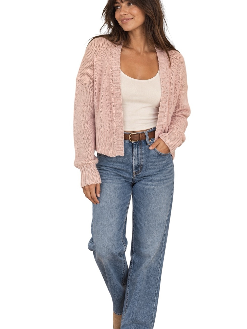 Wooden Ships Jac Loose-Knit Cropped Cardigan Sweater Cotton Pink Open-Front S/M